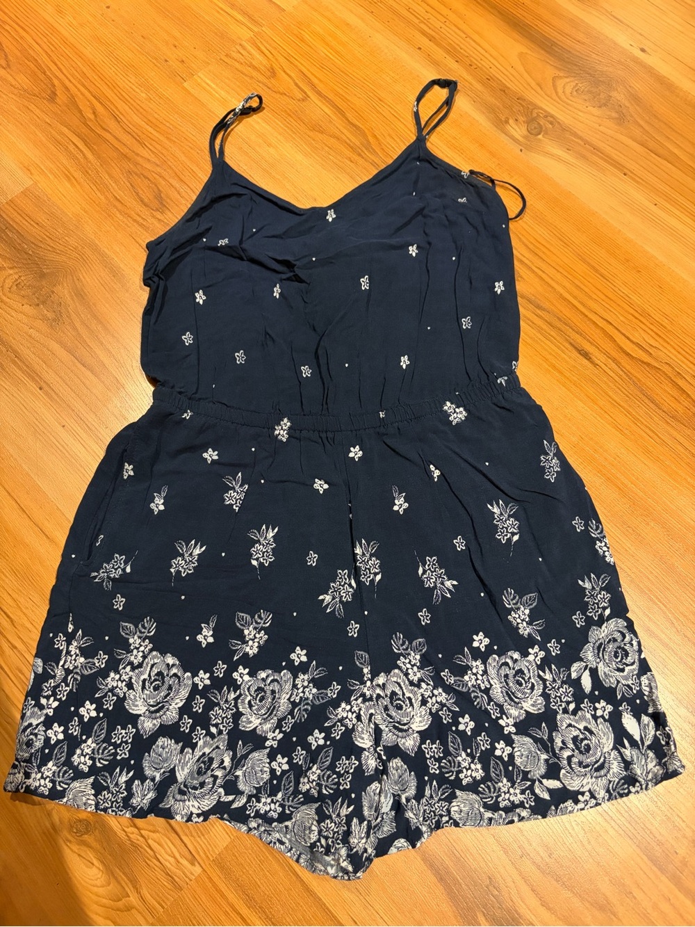 Garage Navy Floral Romper with White Border Print